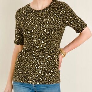 Chico's Sz 2 Metallic Gold Leopard Print Short Sleeve T Shirt Tee Top Blouse L
